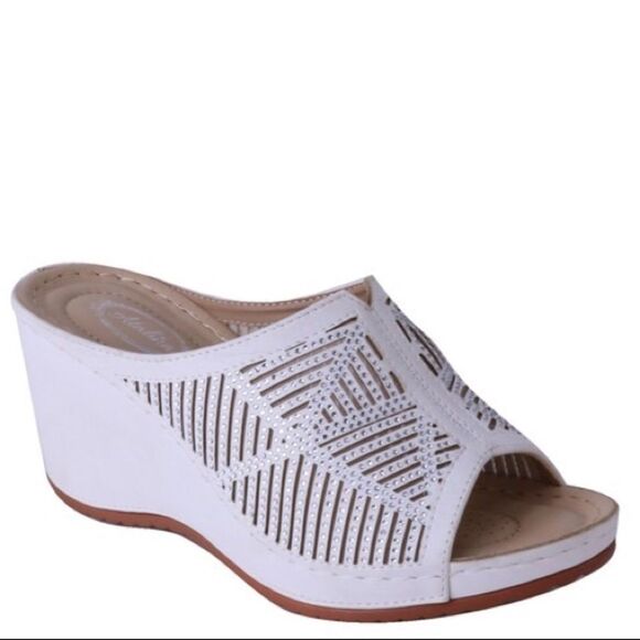 Italina White Rhinestone Embellished Comfort Padded Platform Wedge Sandal - Picture 1 of 7